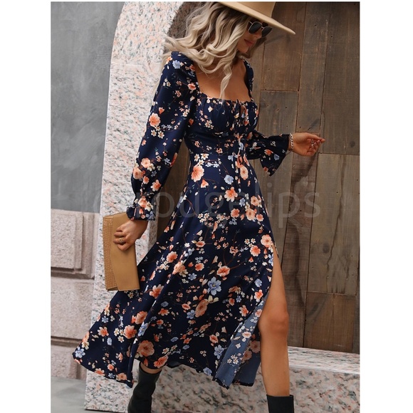Floral Dress Square Neck Fit & Flare Maxi Long Sleeve Leg Slit Front Ties Blue - Picture 6 of 16